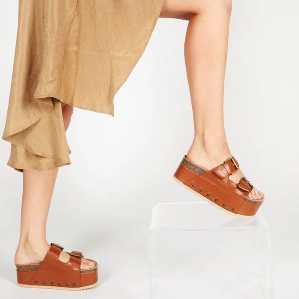 NIB Free People Cooper-2 Leather Platform Slip On Sandal Chestnut Brown EU 37